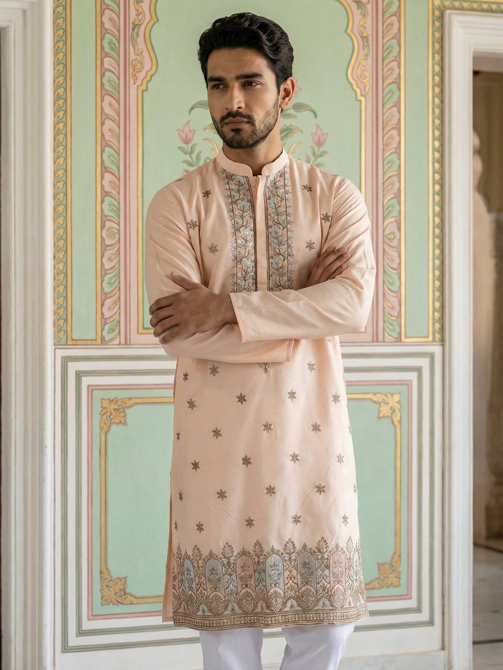 Men Silk Blend Embroidered Kurta
