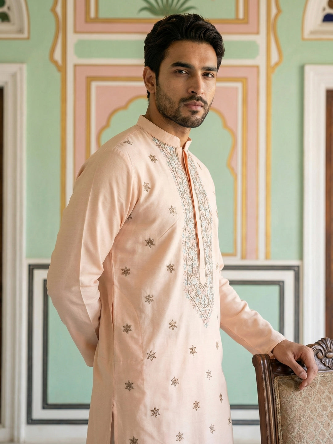 Men Silk Blend Embroidered Kurta