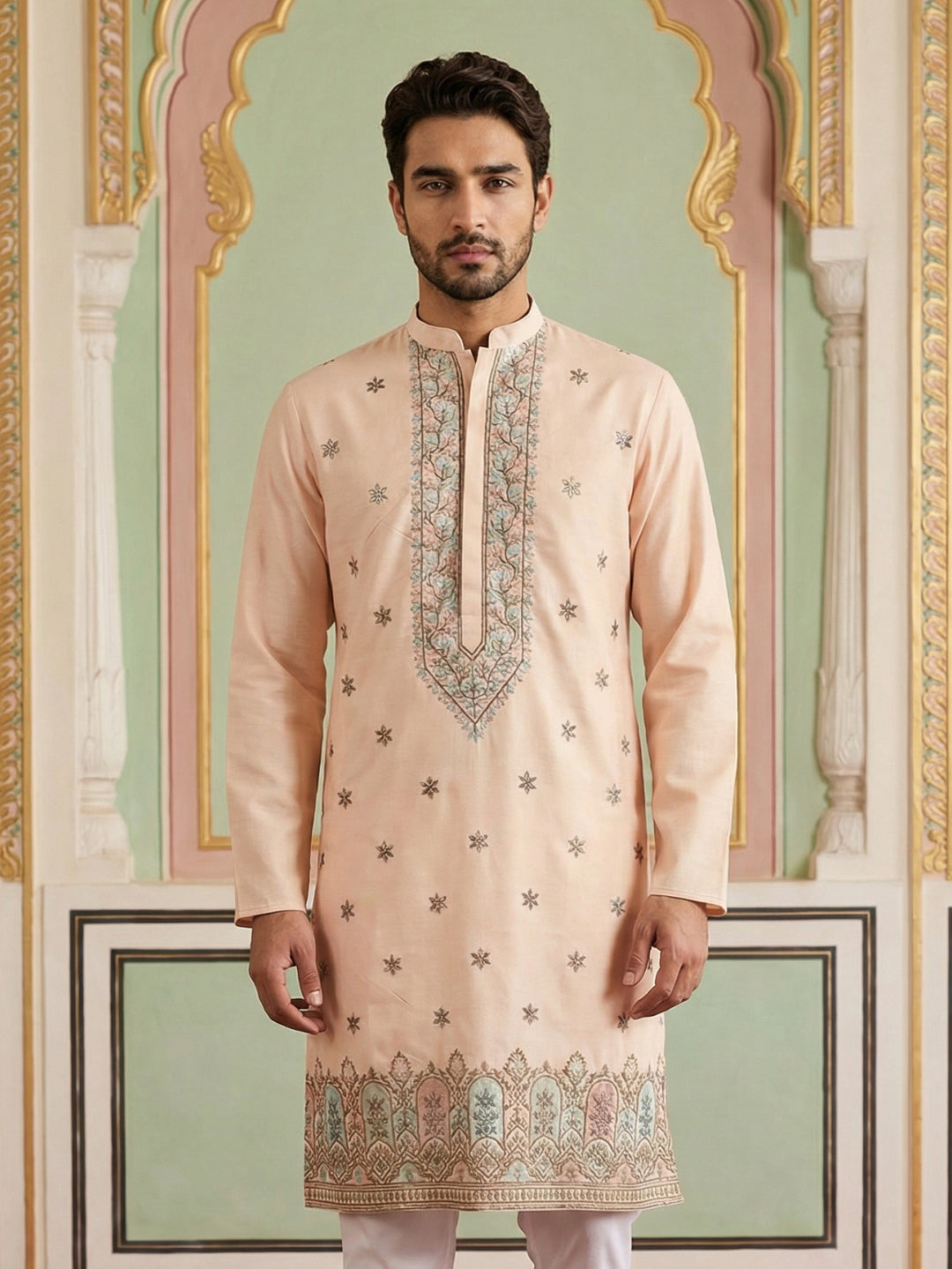 Men Silk Blend Embroidered Kurta