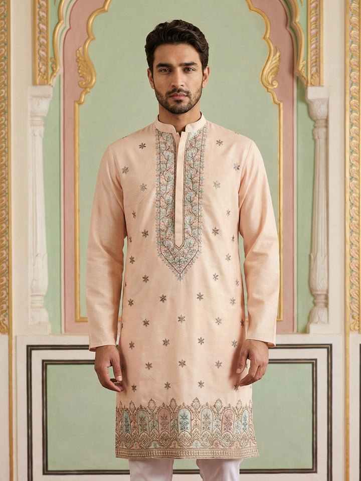 Men Silk Blend Embroidered Kurta