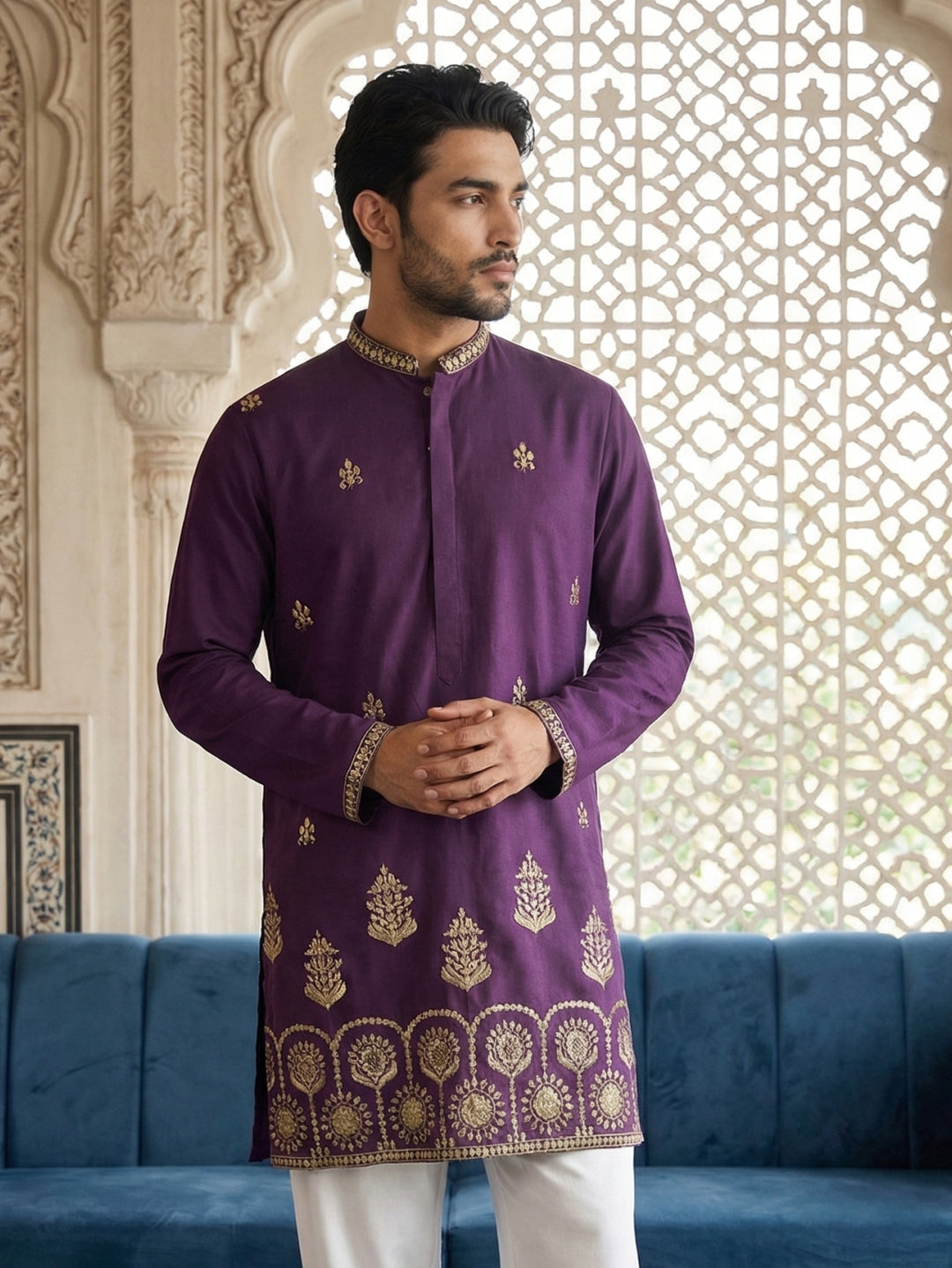 Men’S Classic Kurta With Rich Hemline Embroidery