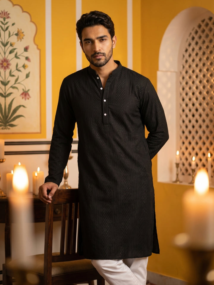 Men’S Silk Blend Thread Work Kurta