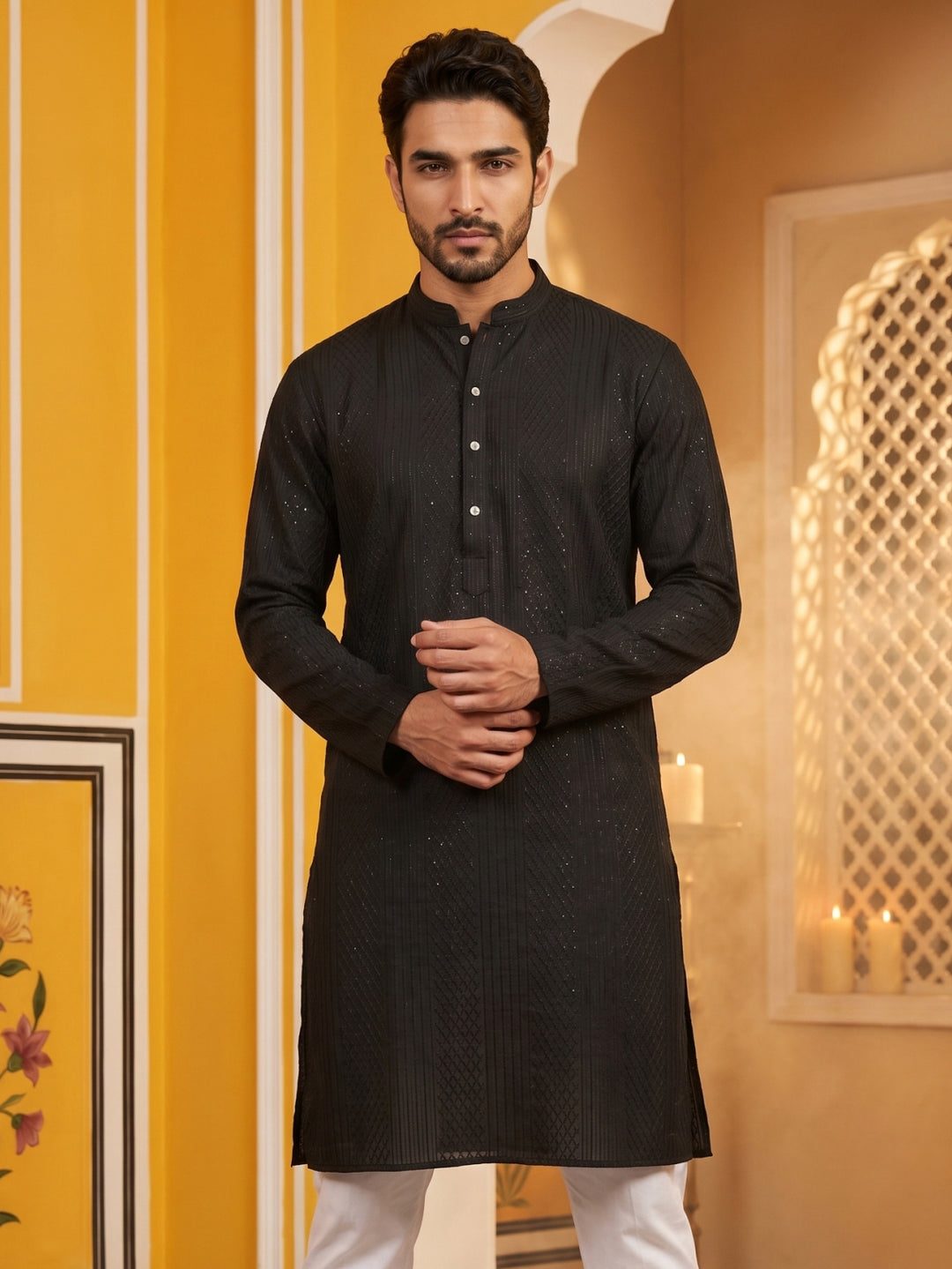 Men’S Silk Blend Thread Work Kurta