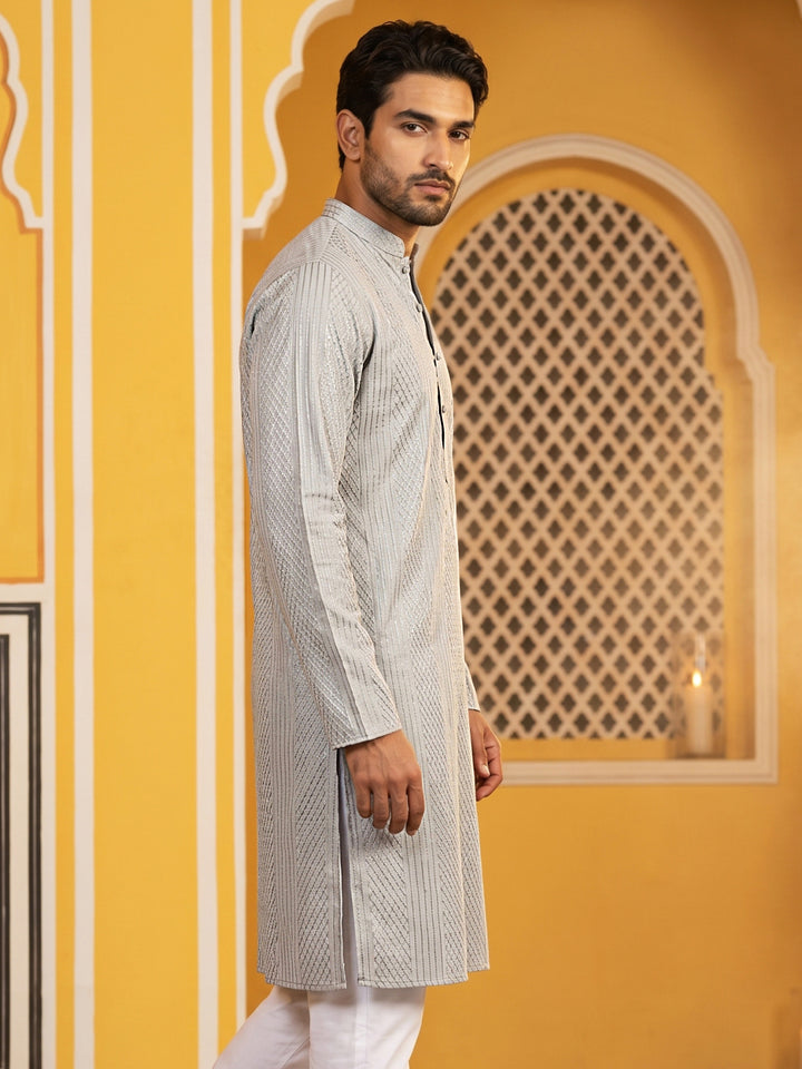 Men’S Silk Blend Thread Work Kurta