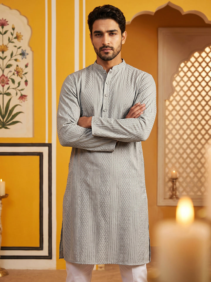Men’S Silk Blend Thread Work Kurta