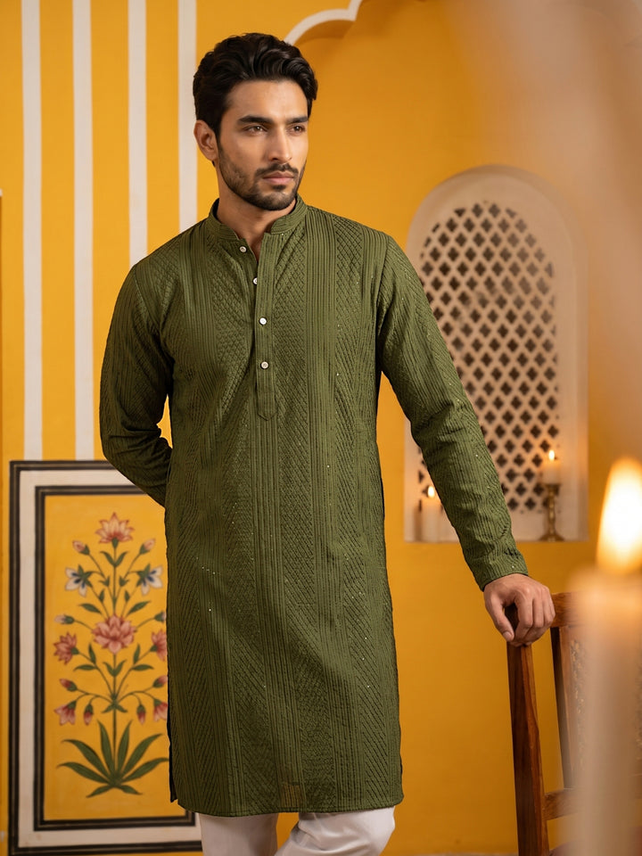 Men’S Silk Blend Thread Work Kurta