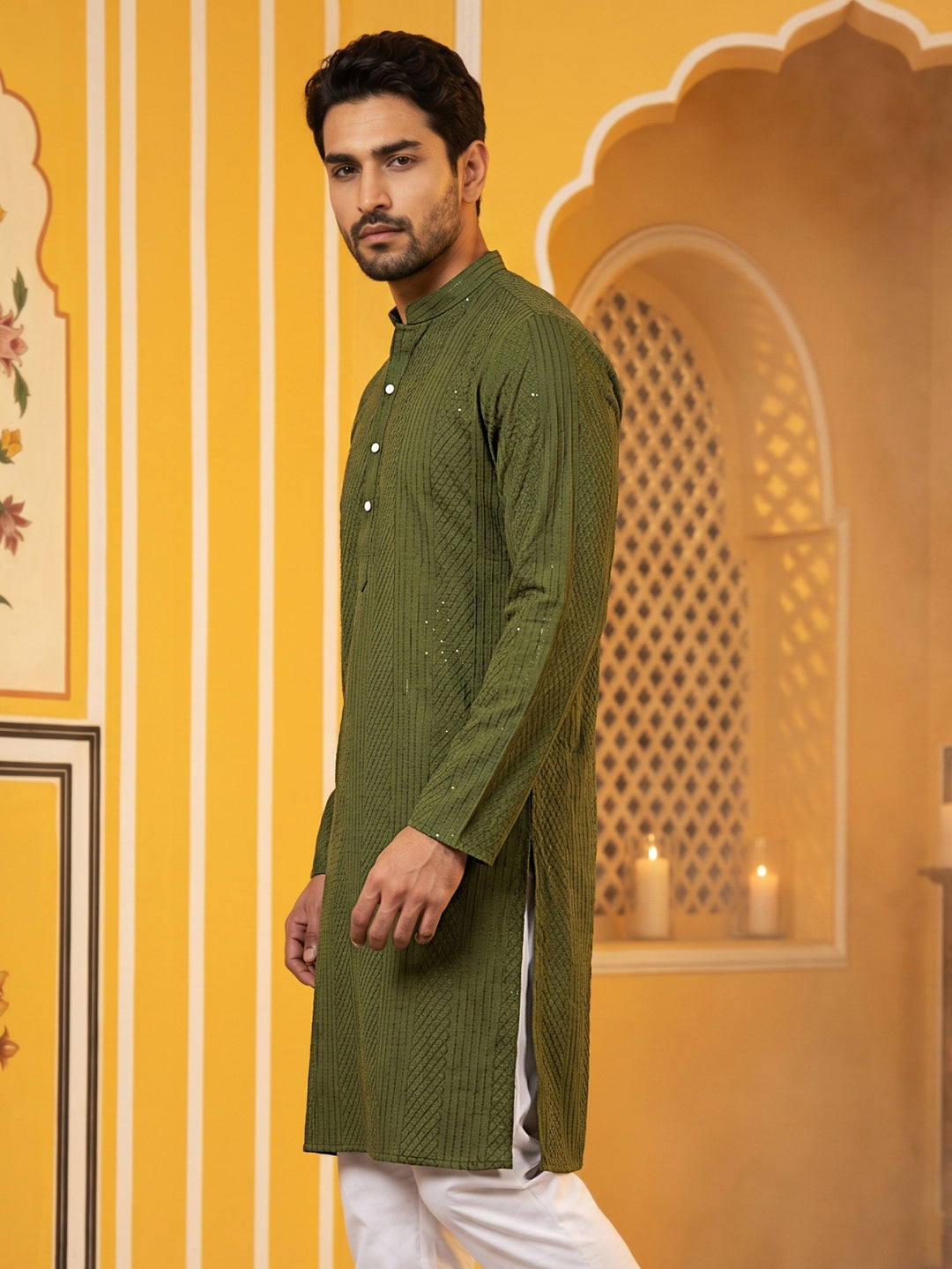 Men’S Silk Blend Thread Work Kurta