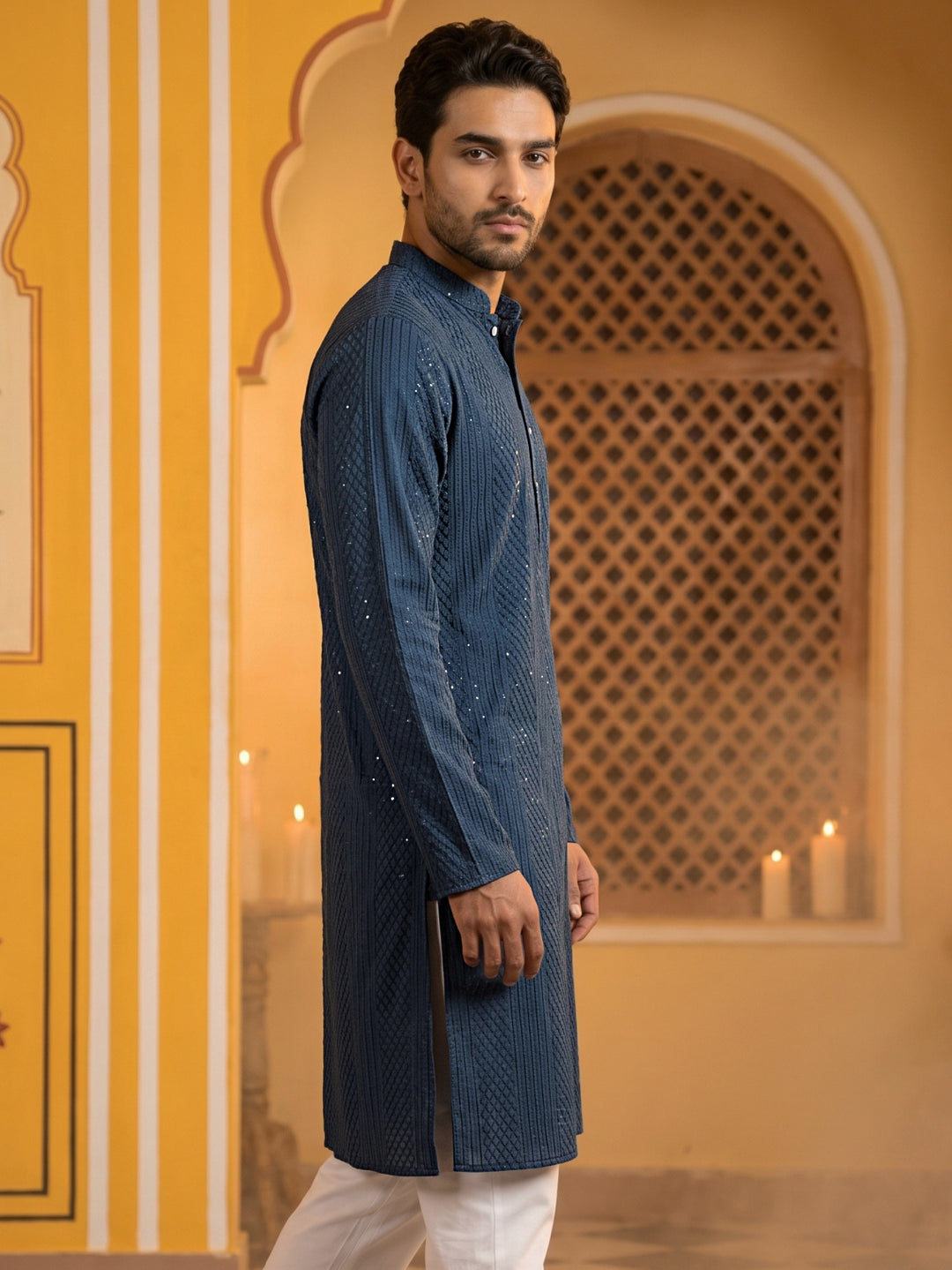 Men’S Silk Blend Thread Work Kurta