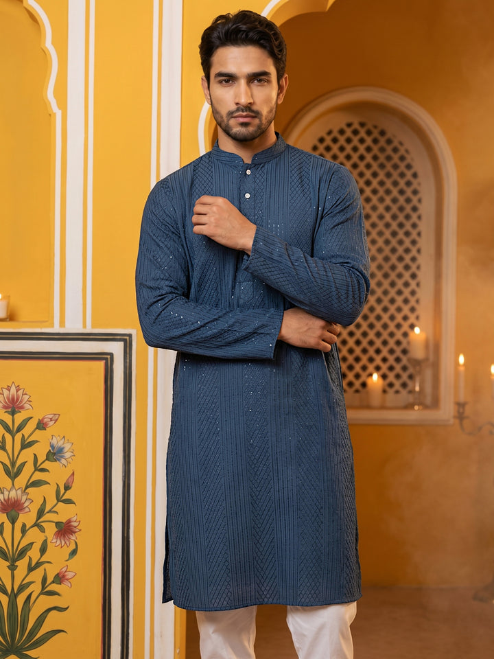 Men’S Silk Blend Thread Work Kurta