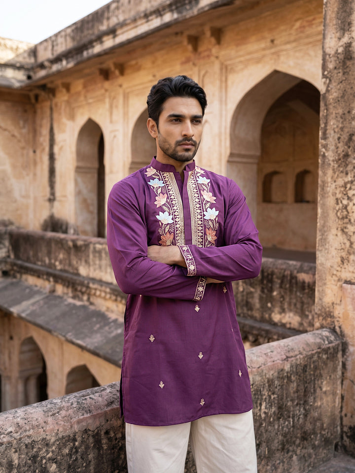 Cotton Blend Floral Embroidered Kurta