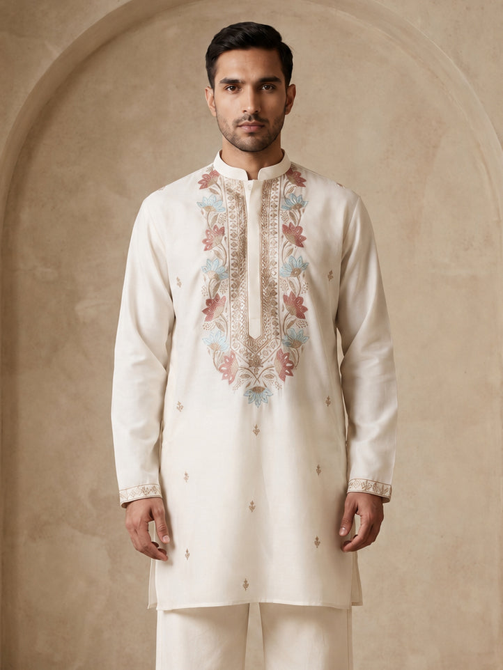 Cotton Blend Floral Embroidered Kurta
