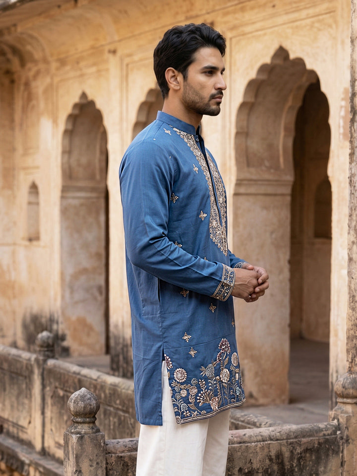 Cotton Blend Floral Embroidered Kurta