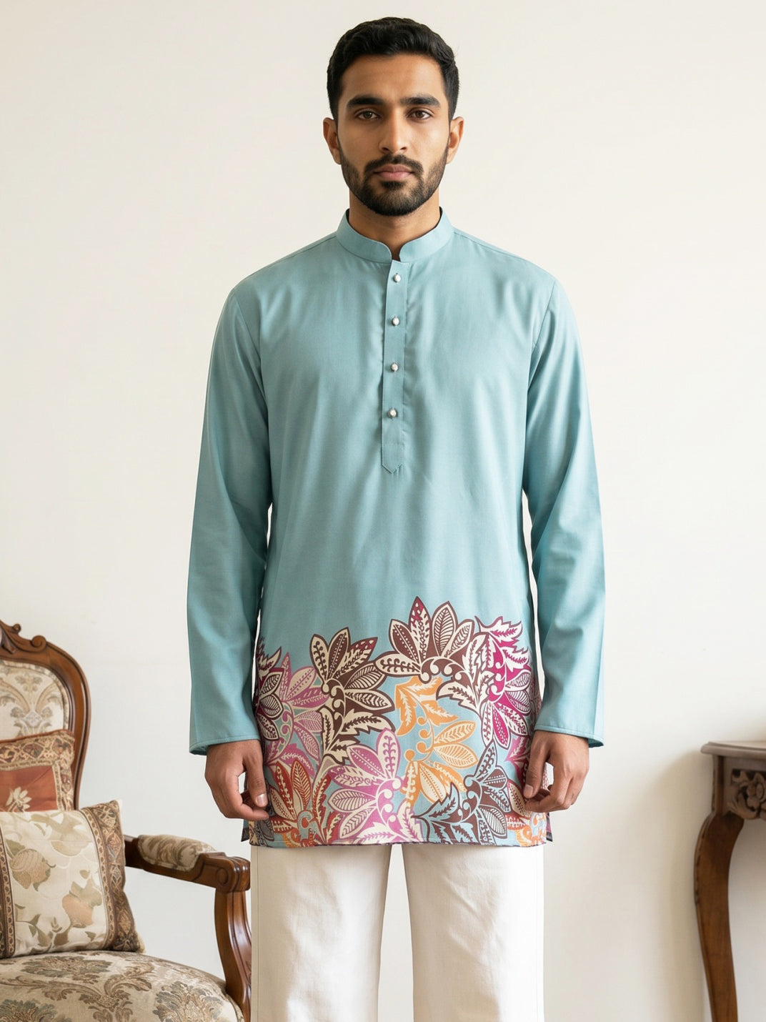 Cotton Floral Printed Kurta For Men