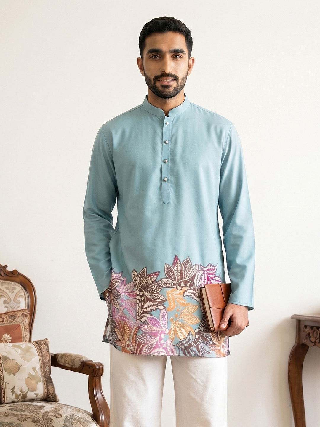 Cotton Floral Printed Kurta For Men