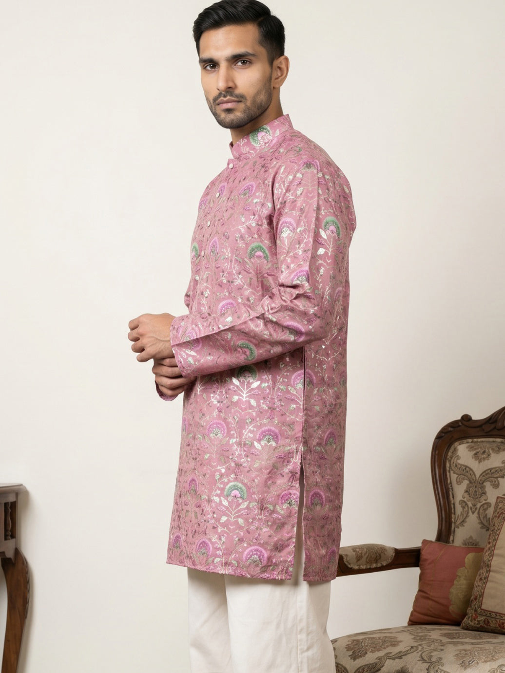 Silk Blend Foil Print Kurta