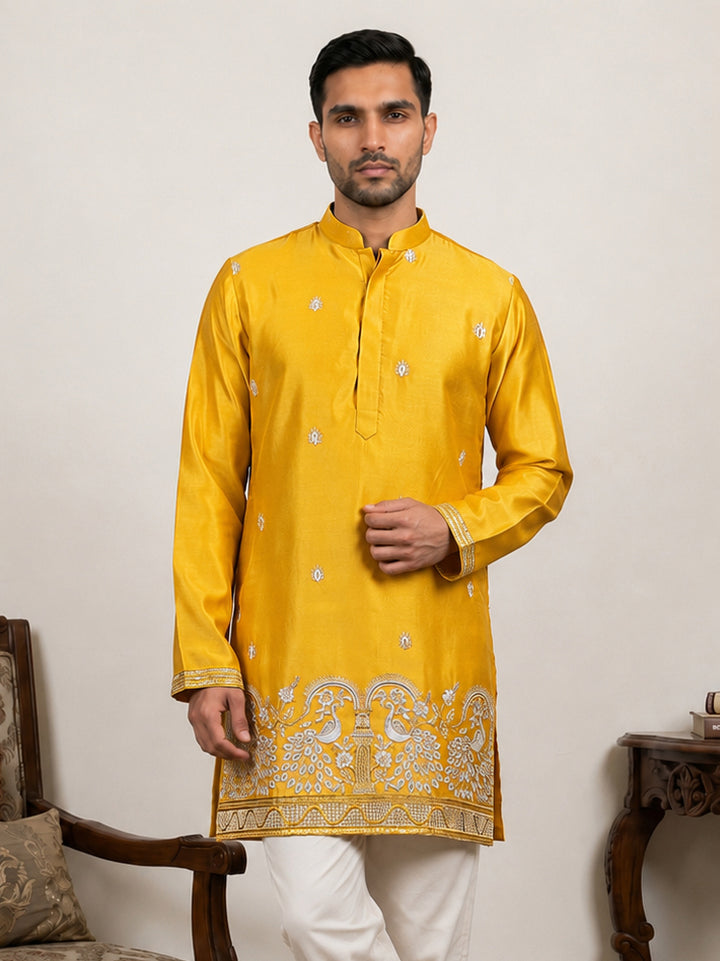 Silk Blend Embroidered Kurta For Men