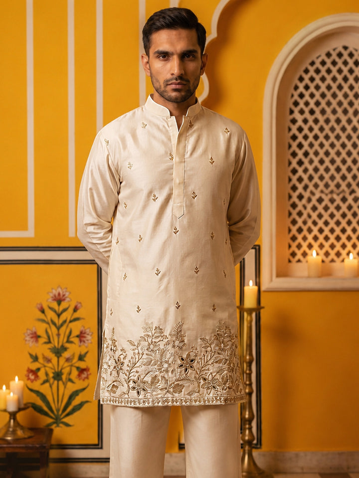 Silk Blend Embroidered Kurta For Men