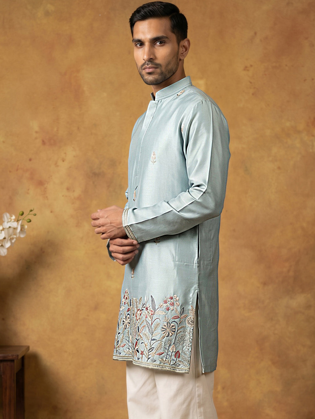 Silk Blend Embroidered Kurta For Men