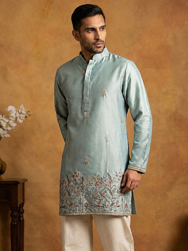 Silk Blend Embroidered Kurta For Men
