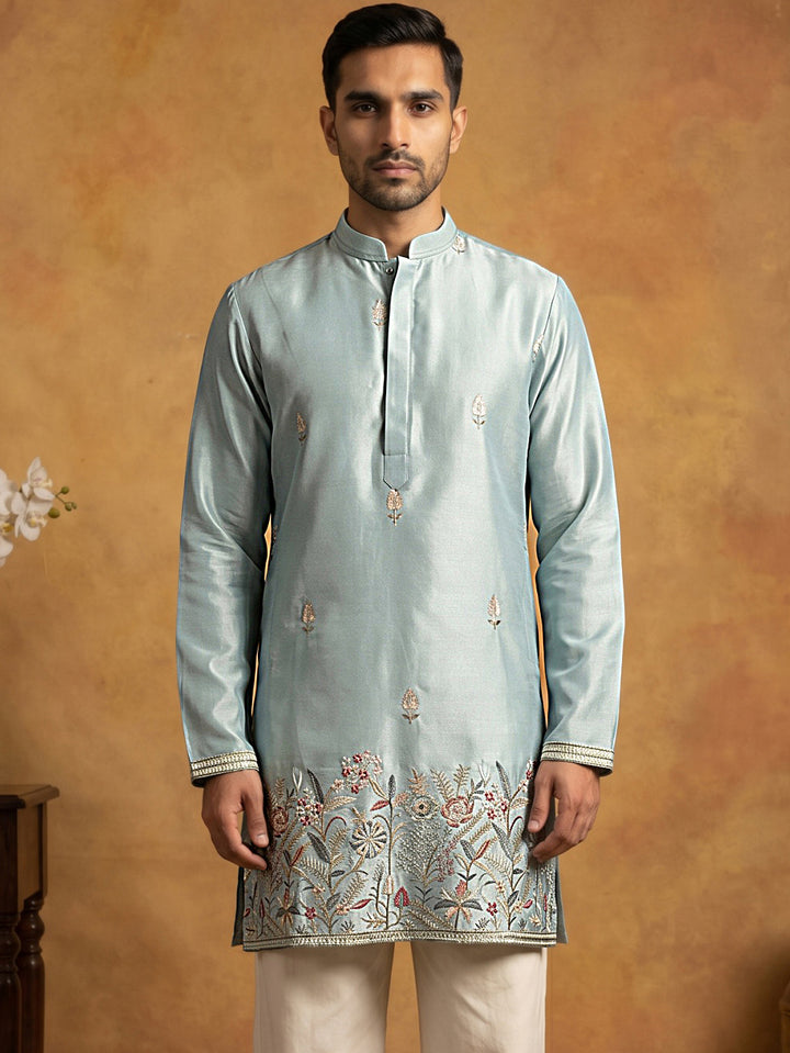 Silk Blend Embroidered Kurta For Men