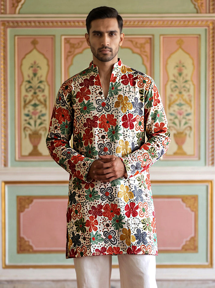 Silk Blend Designer Embroidered Kurta
