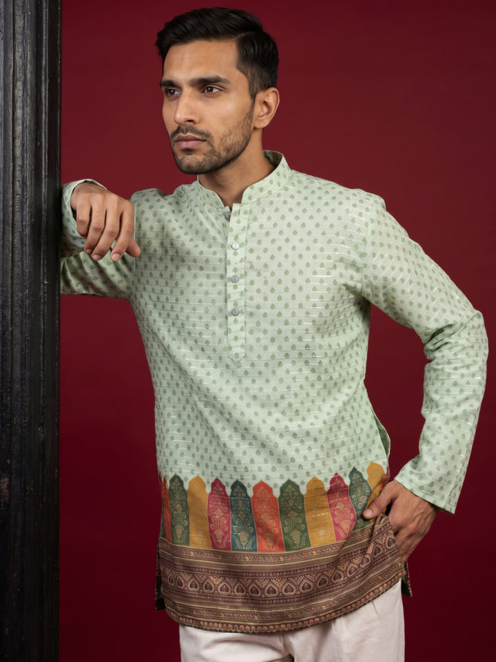 Cotton Blend Printed &amp; Thread Work Kurta For Men