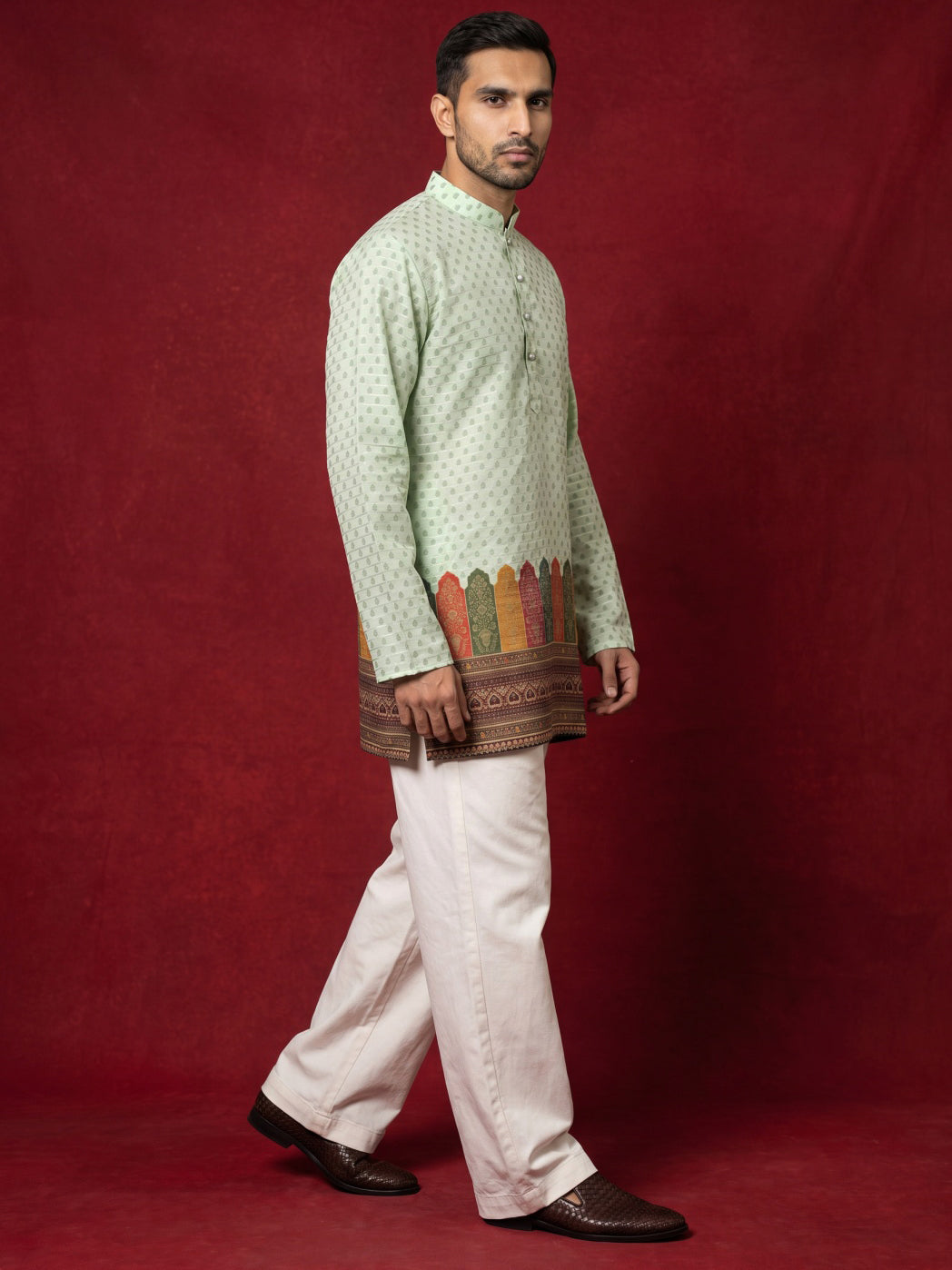 Cotton Blend Printed &amp; Thread Work Kurta For Men
