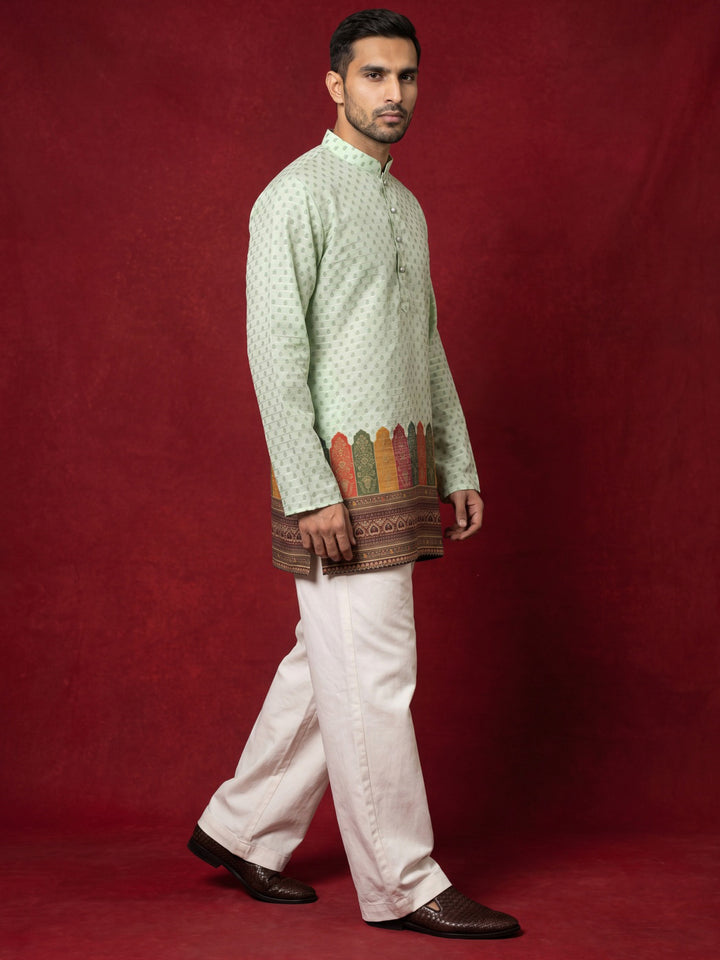 Cotton Blend Printed &amp; Thread Work Kurta For Men
