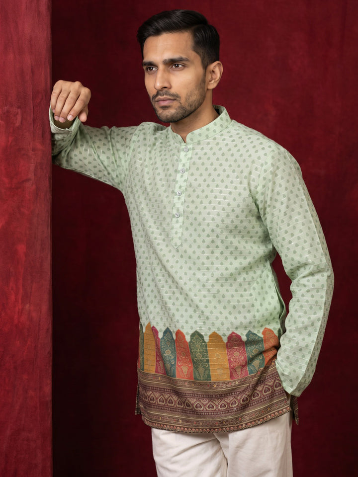 Cotton Blend Printed &amp; Thread Work Kurta For Men