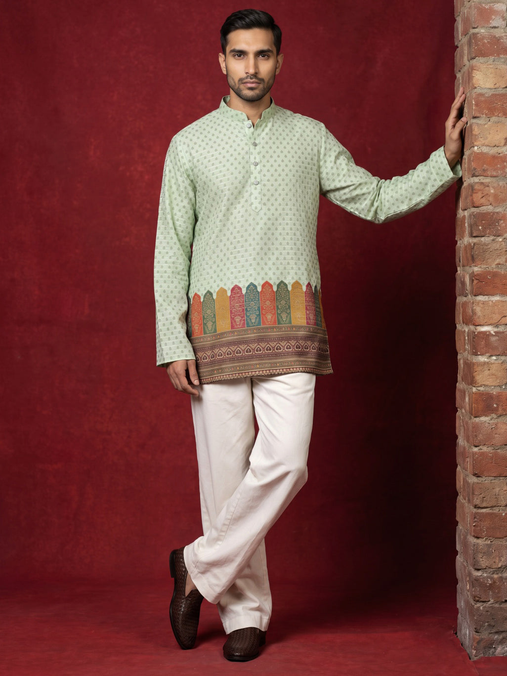 Cotton Blend Printed &amp; Thread Work Kurta For Men