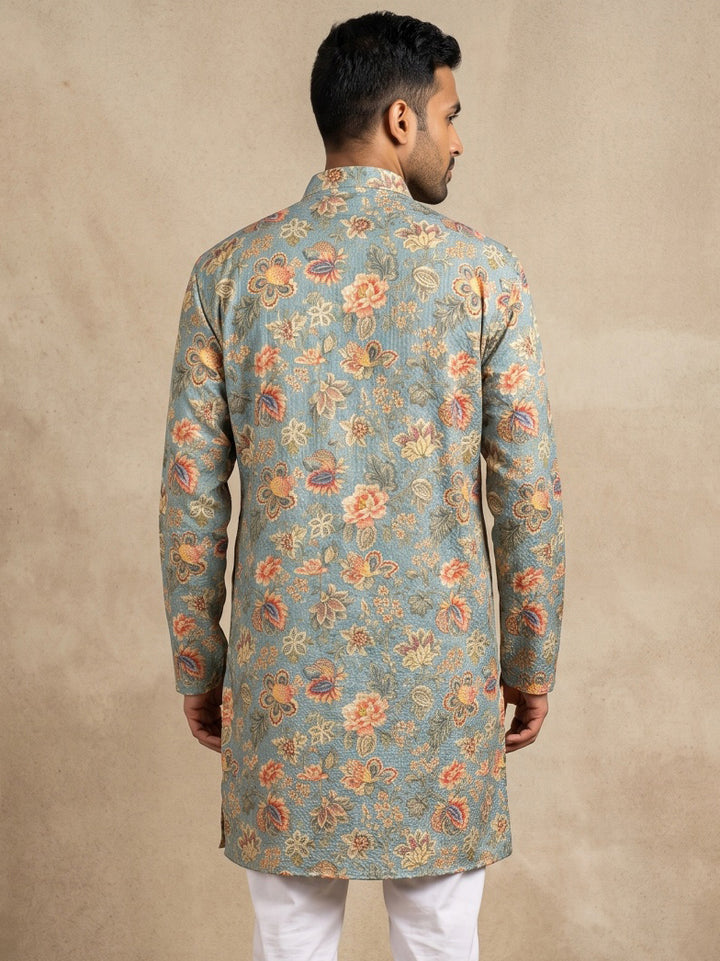 Floral Print &amp; Thread Work Kurta For Men