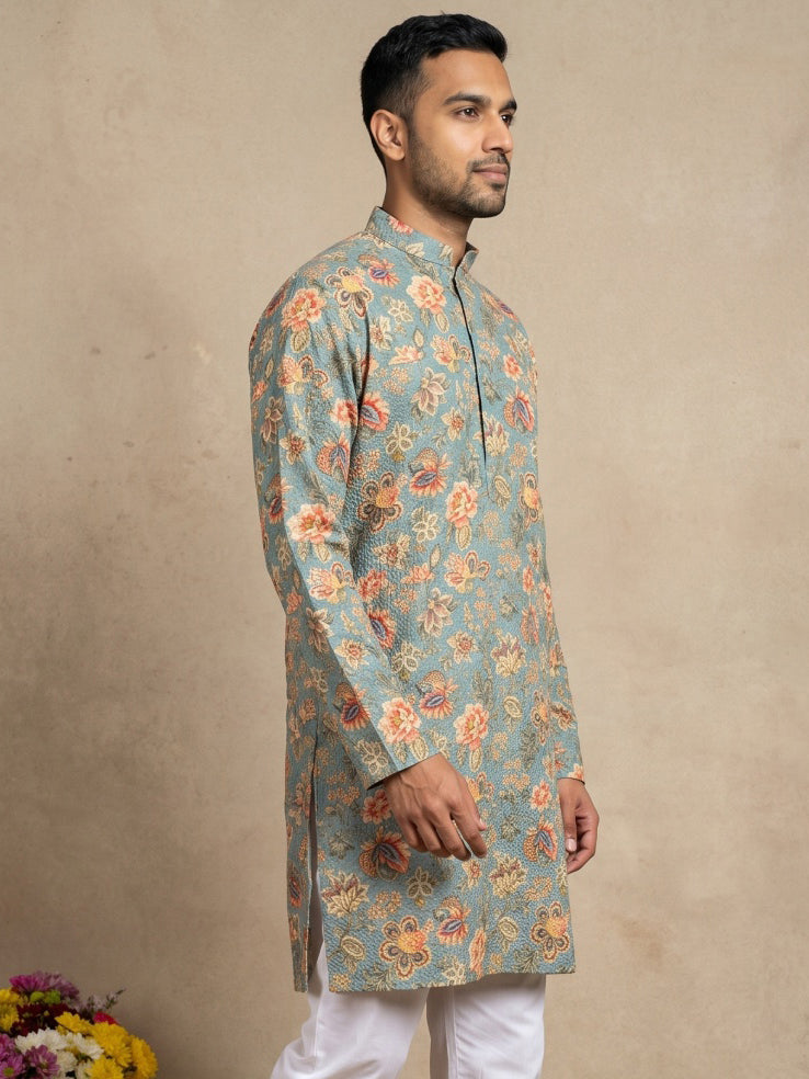 Floral Print &amp; Thread Work Kurta For Men