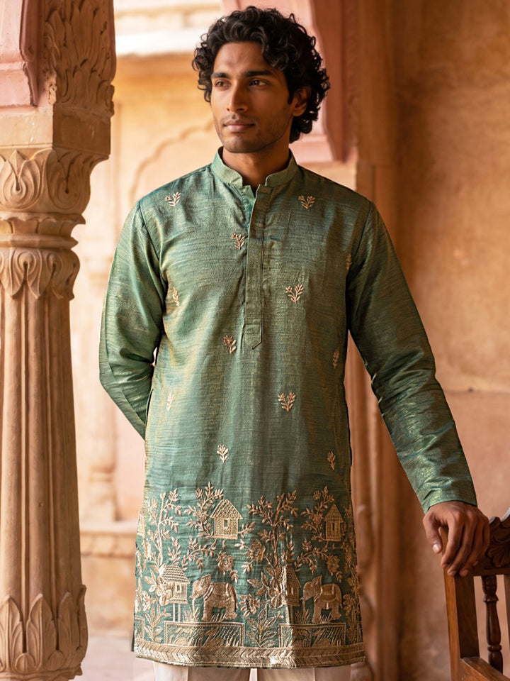 Silk Blend Embroidered Kurta For Men