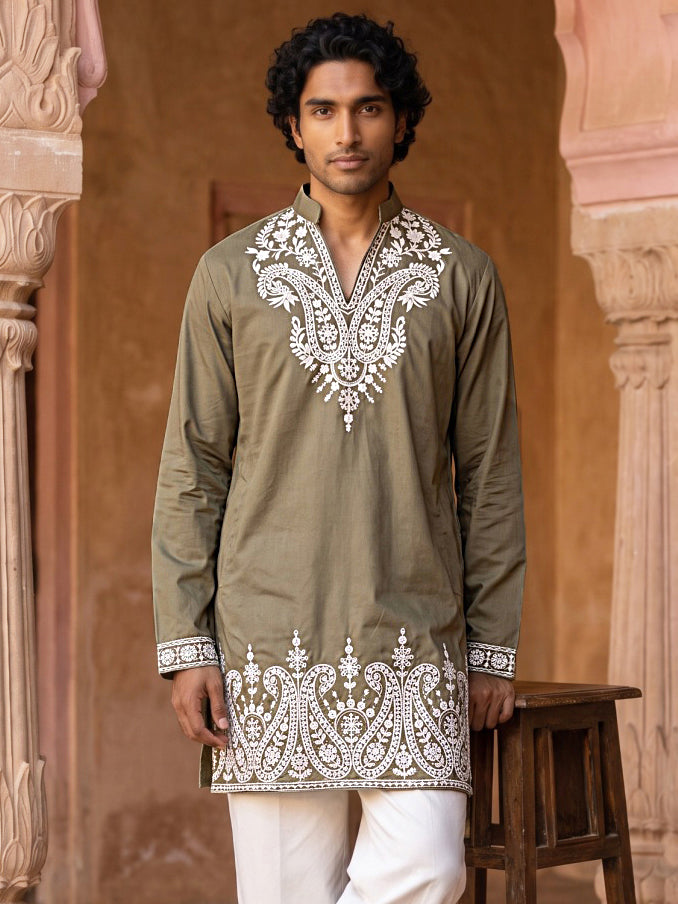 Embroidered Cotton Blend Kurta For Men