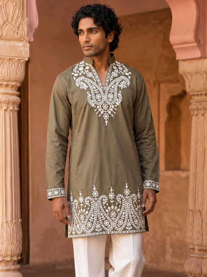 Embroidered Cotton Blend Kurta For Men
