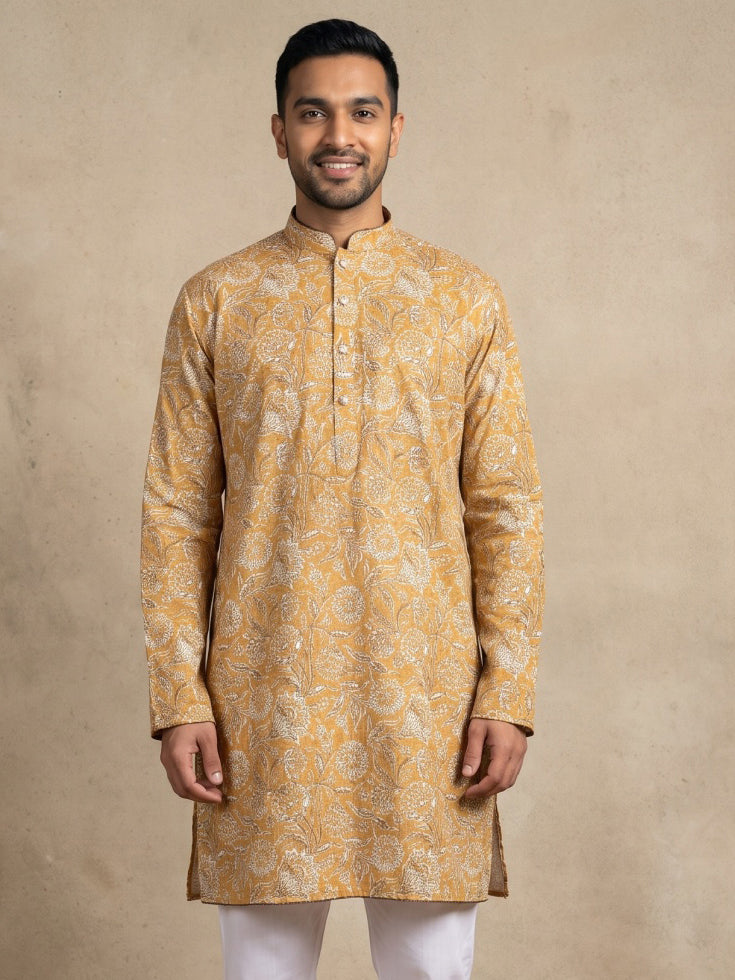 Floral Print &amp; Thread Work Kurta For Men