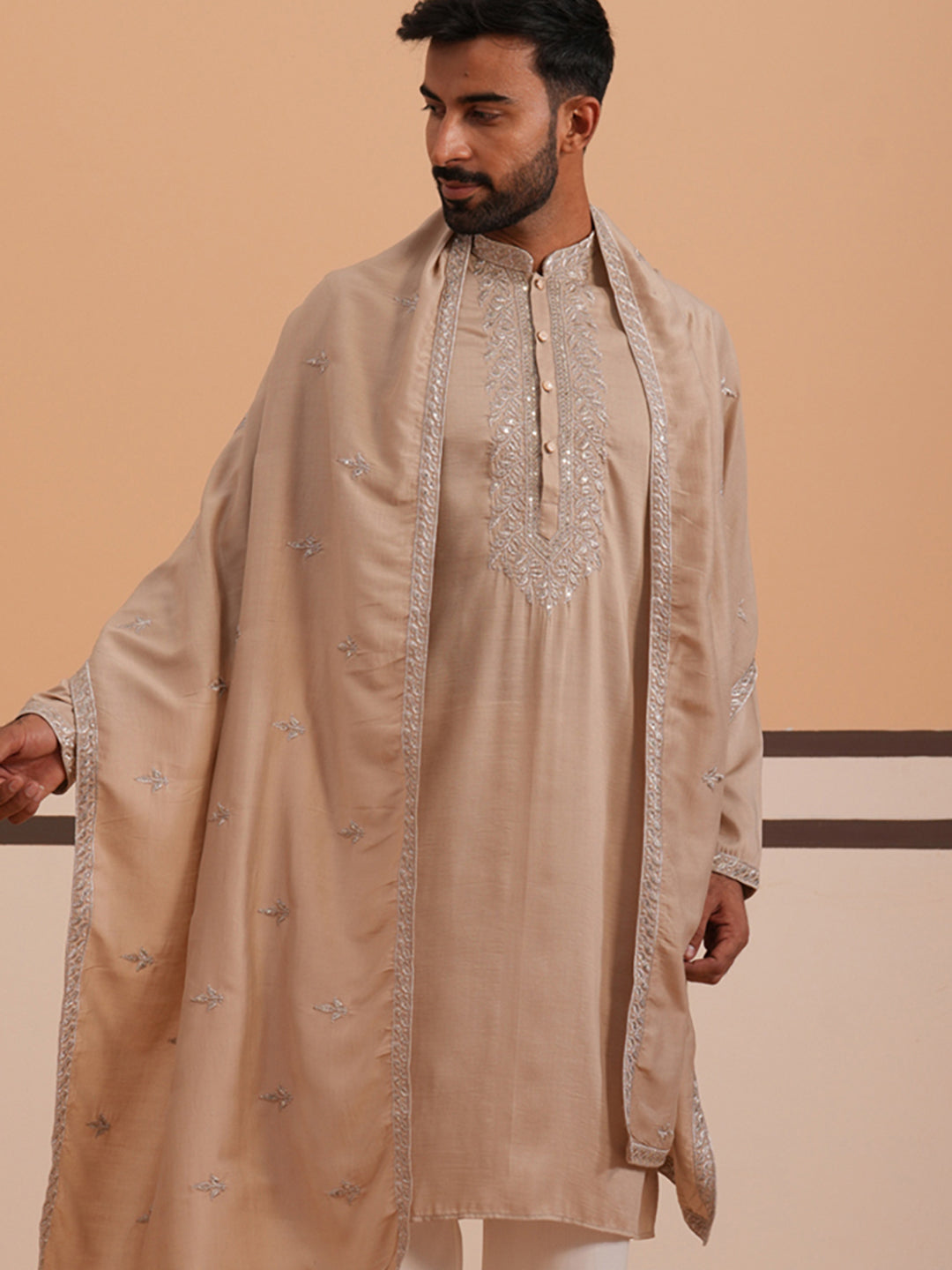 Silk Blend Kurta With Matching Embroidered Dupatta