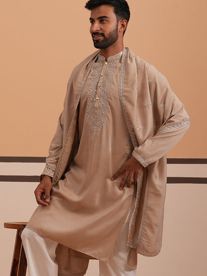 Silk Blend Kurta With Matching Embroidered Dupatta