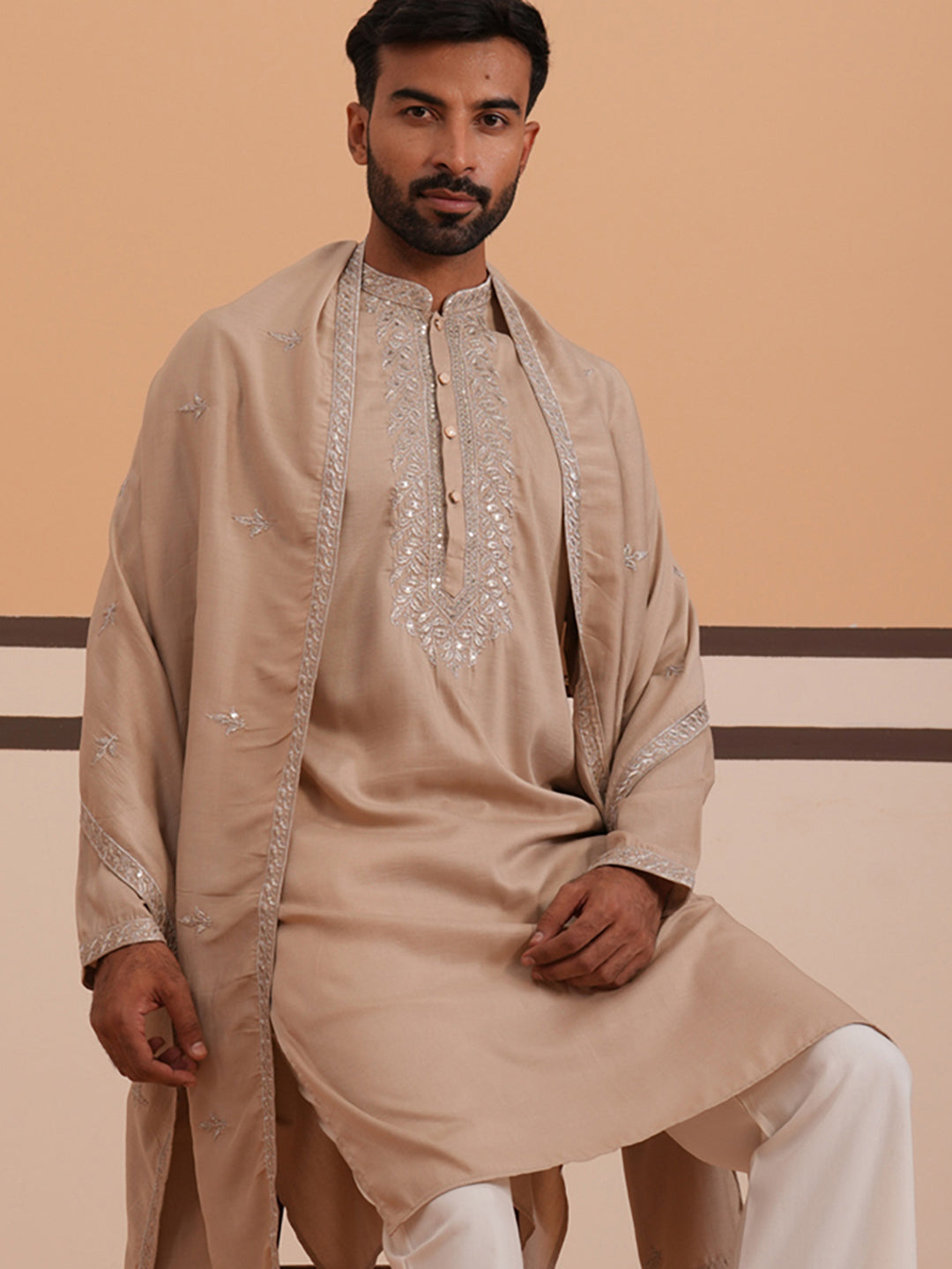 Silk Blend Kurta With Matching Embroidered Dupatta