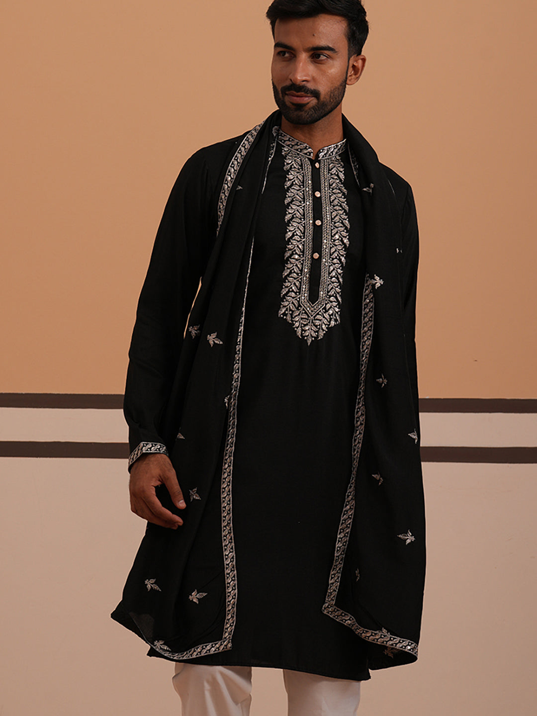 Silk Blend Kurta With Matching Embroidered Dupatta