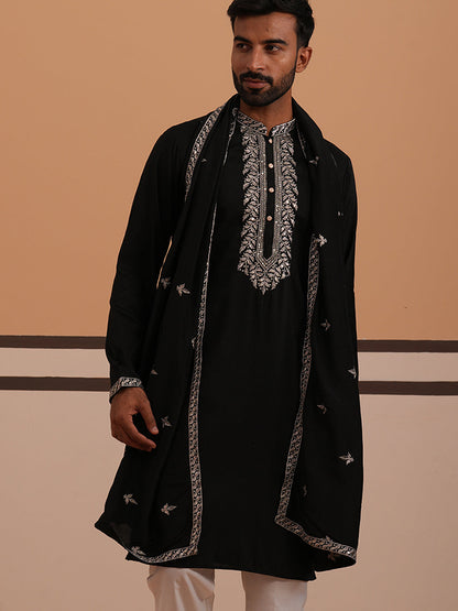 Silk Blend Kurta With Matching Embroidered Dupatta