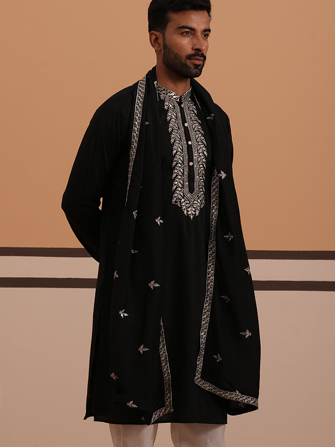 Silk Blend Kurta With Matching Embroidered Dupatta