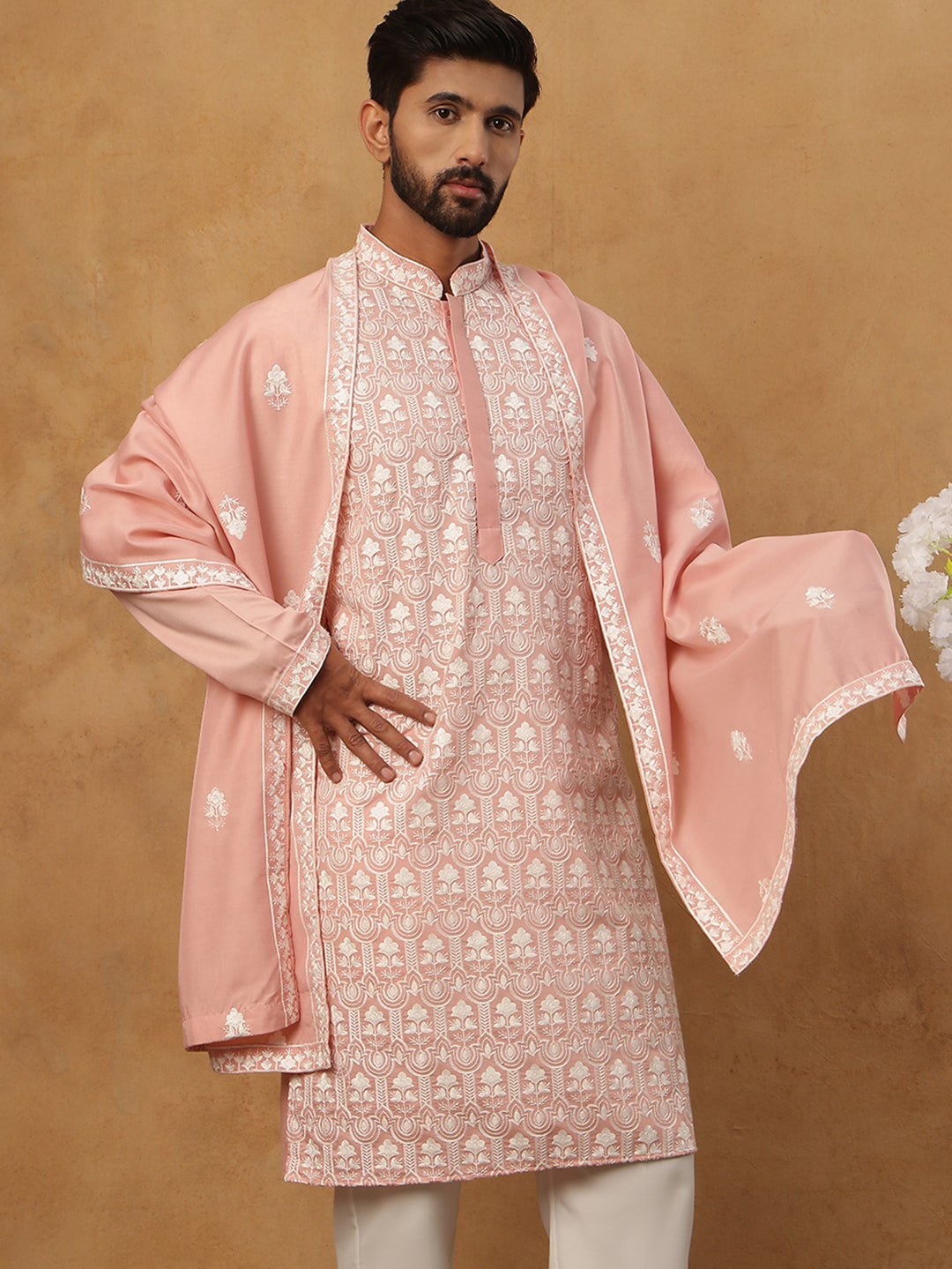 Silk Blend Embroidered Kurta & Dupatta