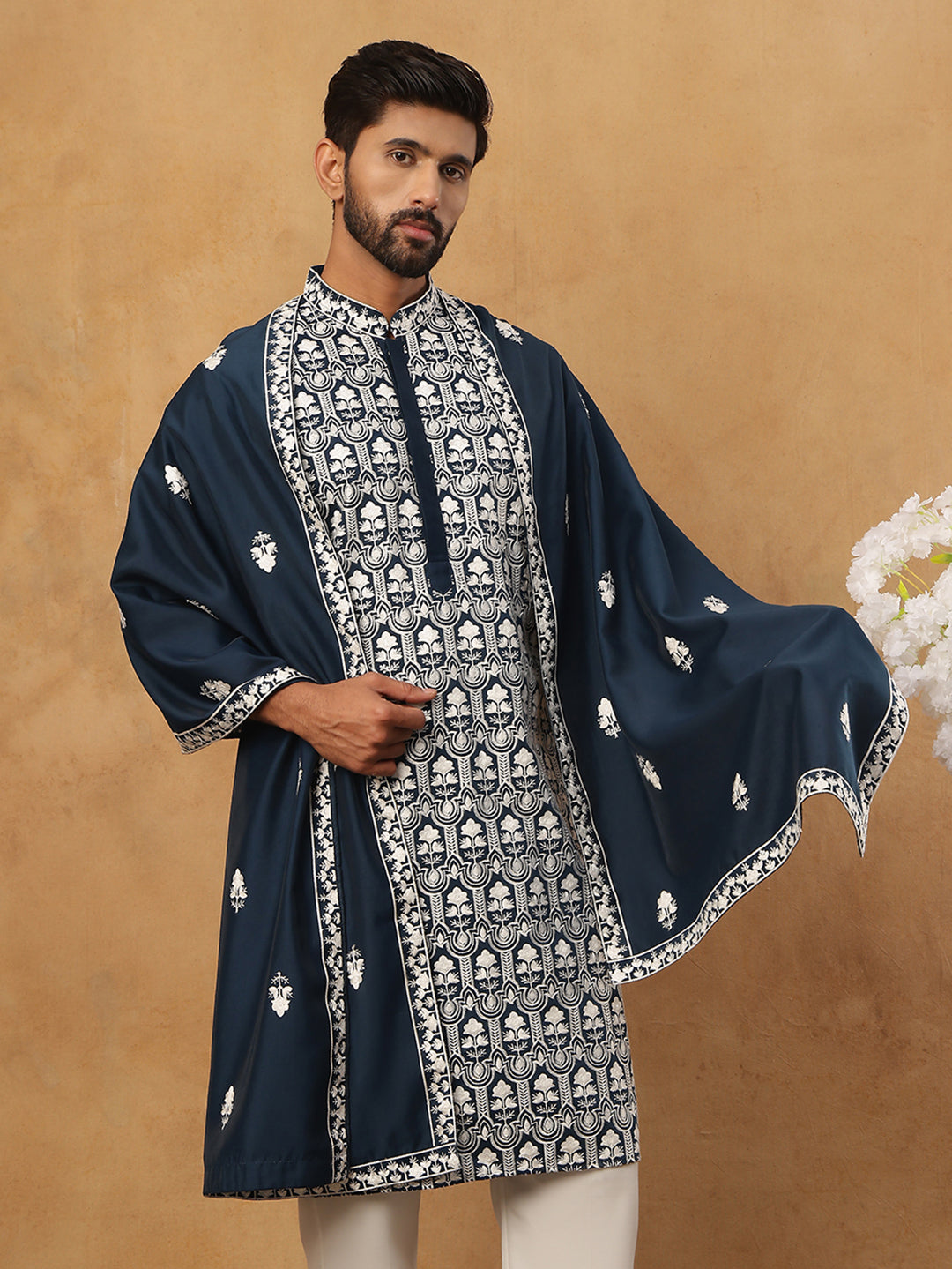 Silk Blend Embroidered Kurta &amp; Dupatta