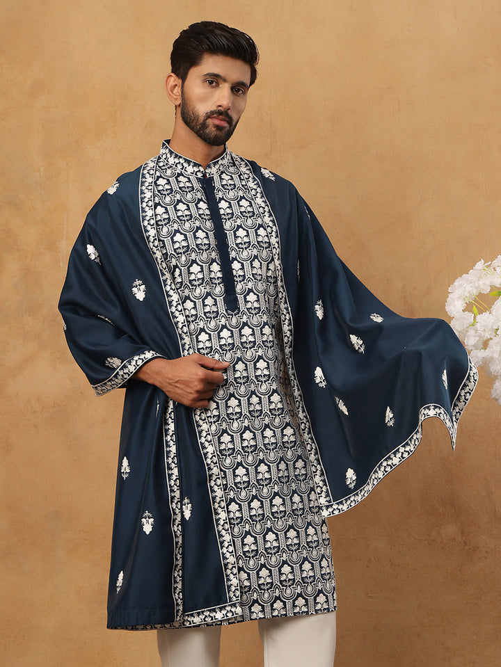 Silk Blend Embroidered Kurta &amp; Dupatta