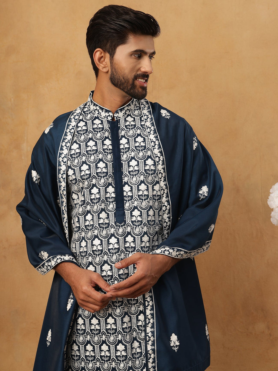 Silk Blend Embroidered Kurta &amp; Dupatta