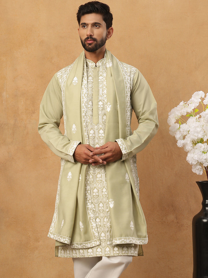 Silk Blend Embroidered Kurta &amp; Dupatta