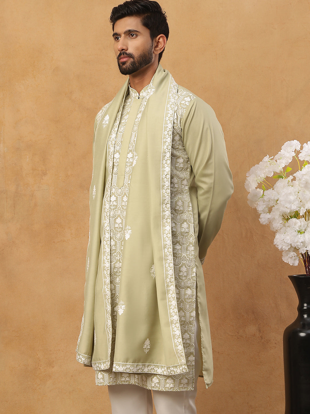 Silk Blend Embroidered Kurta &amp; Dupatta