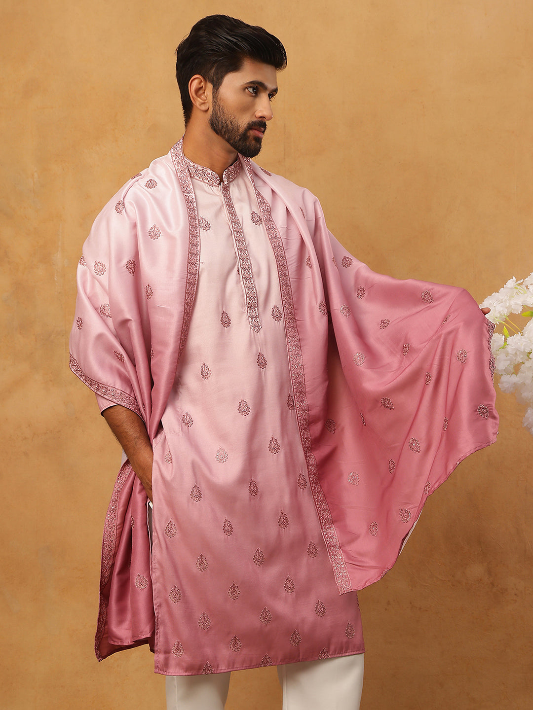 Embroidered Silk Blend Kurta With Dupatta