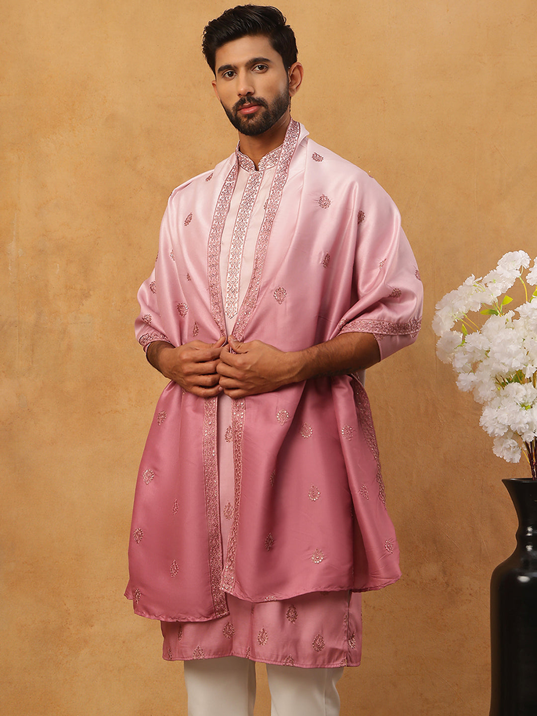 Embroidered Silk Blend Kurta With Dupatta